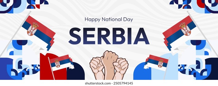 Serbia National Day Banner in creative geometric style. Wide banner suitable for independence greeting card and more event backgrounds with Serbian flag. 15th February. Happy Statehood Day of Serbia