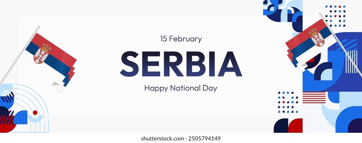 Serbia National Day Banner in creative geometric style. Wide banner suitable for independence greeting card and more event backgrounds with Serbian flag. 15th February. Happy Statehood Day of Serbia