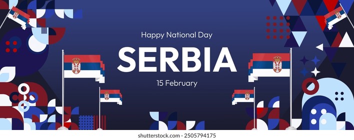 Serbia National Day Banner in creative geometric style. Wide banner suitable for independence greeting card and more event backgrounds with Serbian flag. 15th February. Happy Statehood Day of Serbia