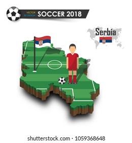 Serbia national soccer team . Football player and flag on 3d design country map . isolated background . Vector for international world championship tournament 2018 concept .