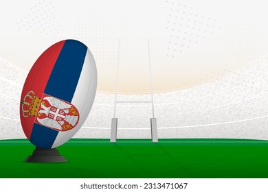 Selección nacional de Serbia de rugby en estadio de rugby y puestos de gol, preparándose para un penal o patada libre. Ilustración vectorial.