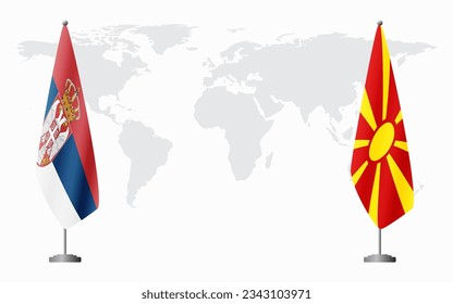 Serbia and Northern Macedonia flags for official meeting against background of world map.