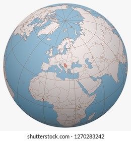 Serbia on the globe. Earth hemisphere centered at the location of the Republic of Serbia. Serbia map.