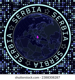 Serbia on globe vector. Futuristic satellite view of the world centered on Serbia. Geographical illustration with the shape of the country and squares background. Bright neon colors on a dark background.