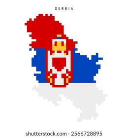 Serbia pixel flag map icon. 8 bit pixel art Serbian map covered with flag. Flat vector illustration isolated on white background.