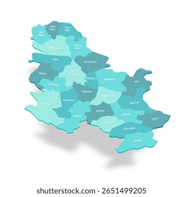 Sérvia mapa político das divisões administrativas - okrugs e cidade autônoma de Belgrado. Mapa de vetor turquesa 3D com rótulos de nome.