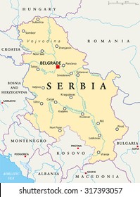 Serbia political map with capital Belgrade, national borders, important cities, rivers and lakes. English labeling and scaling. Illustration.