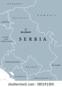 Serbia political map with capital Belgrade and neighbor countries. Republic in Southeastern Europe located on the Balkan Peninsula. Gray illustration with English labeling on white background. Vector.