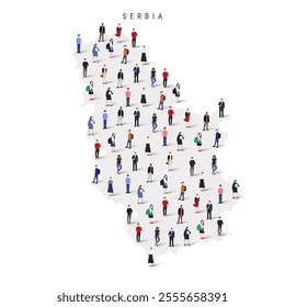 Serbia population map. Large group of realistic a diverse crowd of people figures in a shape of Serbian map. Flat vector illustration isolated on white.