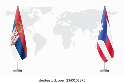Serbia and Puerto Rico flags for official meeting against background of world map.