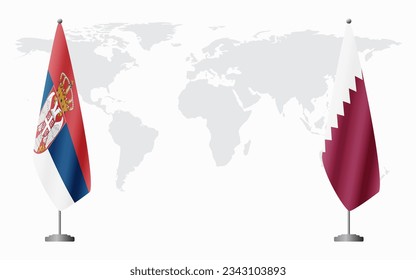 Serbia and Qatar flags for official meeting against background of world map.