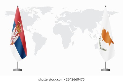 Serbia and Republic of Cyprus flags for official meeting against background of world map.