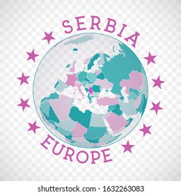 Serbia round logo. Badge of country with map of Serbia in world context. Country sticker stamp with globe map and round text. Astonishing vector illustration.