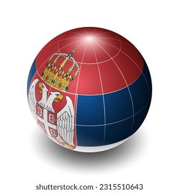 Serbia (RS) (Serb, Sebian) National Flag 2.5D Isometric View, Metallic Sphere Ball Globe Design, Flag Symbol Isolated on White Background