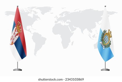 Serbia and San Marino flags for official meeting against background of world map.