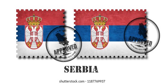 Serbia or serbian flag pattern postage stamp with grunge old scratch texture and affix a seal on isolated background . Black color country name with abrasion . Square and rectangle shape . Vector .