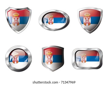 Serbia set shiny buttons and shields of flag with metal frame - vector illustration. Isolated abstract object against white background.