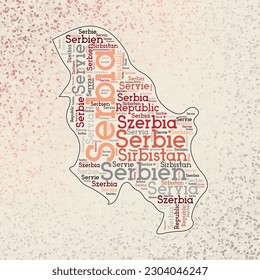 Serbia shape with country names word cloud in multiple languages. Serbia border map on beautiful triangles scattered around. Charming vector illustration.