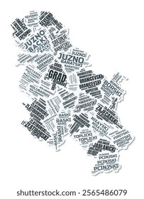 Serbia shape text cloud. Country border with shadow on white background. Serbia with regions division in vintage gazette style. Modern vector illustration.