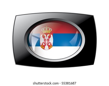 Serbia shiny button flag with black frame -  vector illustration. Isolated abstract object against white background.