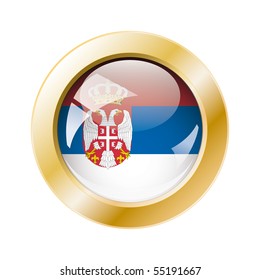 Serbia shiny button flag with golden ring vector illustration. Isolated abstract object against white background.