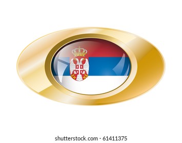 Serbia shiny button flag vector illustration. Isolated abstract object on metal background.