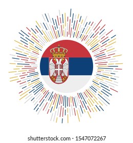 Serbia sign. Country flag with colorful rays. Radiant sunburst with Serbia flag. Vector illustration.
