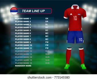 Serbia soccer jersey kit with team line up board on soccer stadium and crowd fan with spot light backdrop on night time. Concept for Europe football result background in vector illustrative
