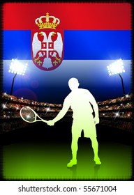 Serbia Tennis Player on Stadium Background with Flag Original Illustration