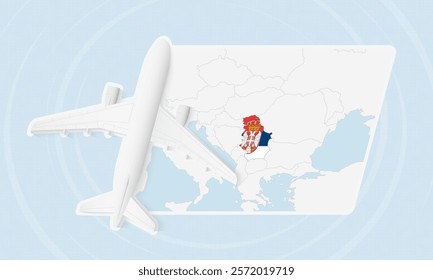 Serbia Travel Illustration with Plane and National Flag. Ideal for travel agencies, promotional materials, or geographic content related to Serbia.