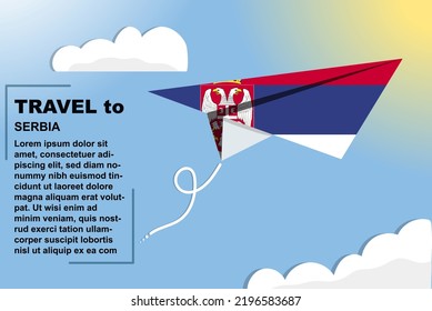 Serbia Travel Vector Banner With Paper Flag And Text Space, Serbia Country Flag On Paper Plane, Holiday And Vacation Concept, Summer Travel Template And Pattern, Flight Ticket Idea