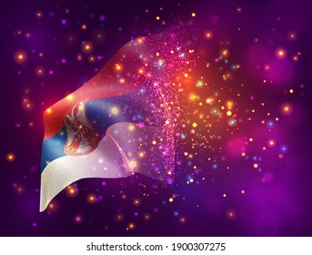 Serbia, vector 3d flag on pink purple background with lighting and flares