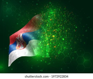 Serbia, vector 3d flag on green background with polygons and data numbers