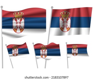 Banderas vectoriales de Serbia. 5 hileras onduladas de tela 3D que fluyen sobre el viento. EPS10 creado mediante mallas de gradiente aisladas en fondo blanco. Cinco elementos de diseño de asta de tela de colección mundial
