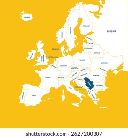 Serbia vector map, Europe, vector map silhouette illustration isolated on Europe map. Editable blank vector map of Europe. 