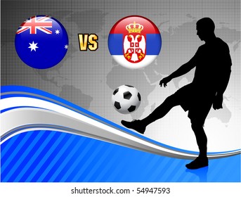 Serbia versus Australia on Blue Abstract World Map Background Original Illustration