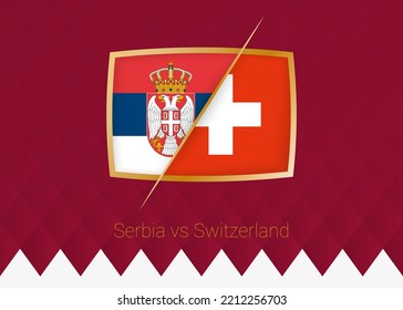 Serbia vs Suiza, ícono de escenario grupal de la competencia de fútbol con antecedentes en borgoña. Icono del vector.