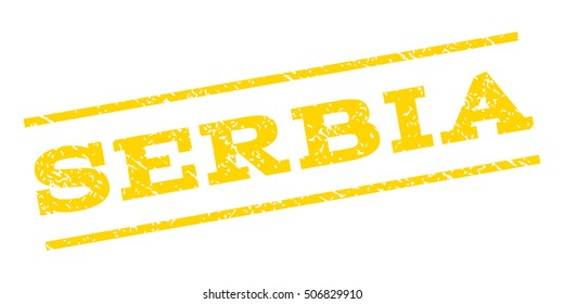 Serbia watermark stamp. Text tag between parallel lines with grunge design style. Rubber seal stamp with unclean texture. Vector yellow color ink imprint on a white background.