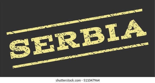 Serbia watermark stamp. Text tag between parallel lines with grunge design style. Rubber seal stamp with dust texture. Vector khaki yellow color ink imprint on a gray background.