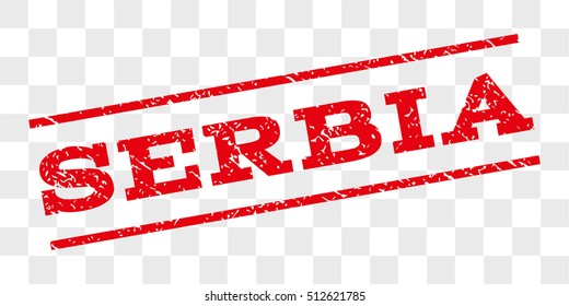 Serbia watermark stamp. Text tag between parallel lines with grunge design style. Rubber seal stamp with dirty texture. Vector red color ink imprint on a chess transparent background.