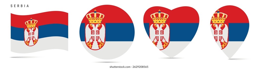 Serbia waving flag, round circle sticker badge, heart shaped icon, map pin. Serbian flag buttons of different shapes. Vector illustration isolated on white.