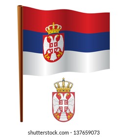 serbia wavy flag and coat of arm against white background, vector art illustration, image contains transparency