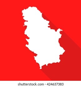Serbia white map,border flat simple style with long shadow on red background