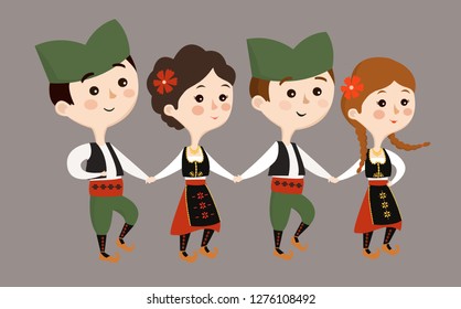 Serbian boys and girls in traditional Serbian costumes dancing traditional Serbian dance-Kolo.