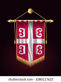 Serbian Cross. National Symbol of Serbia. Festive Vertical Banner. Wall Hangings with Gold Tassel Fringing