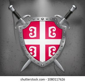 Serbian Cross. National Symbol of Serbia. The Shield with National Flag. Two Crossed Swords. Vector Medieval Background