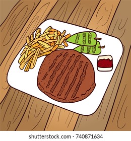 Serbian Cuisine, Hand drawn Illustration of Pljeskavica or Traditional Meat Patties of Pork, Beef and Lamb. The National Dish of Serbia. Balkan traditional food.