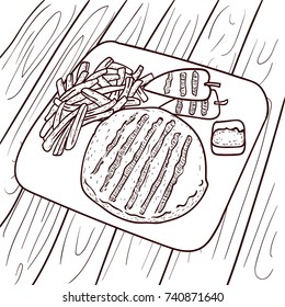 Serbian Cuisine, Hand drawn Illustration of Pljeskavica or Traditional Meat Patties of Pork, Beef and Lamb. The National Dish of Serbia. Balkan traditional food.