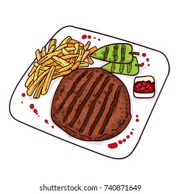 Serbian Cuisine, Hand drawn Illustration of Pljeskavica or Traditional Meat Patties of Pork, Beef and Lamb. The National Dish of Serbia. Balkan traditional food.