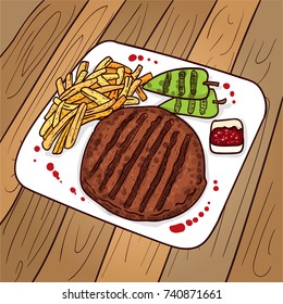 Serbian Cuisine, Hand drawn Illustration of Pljeskavica or Traditional Meat Patties of Pork, Beef and Lamb. The National Dish of Serbia. Balkan traditional food.